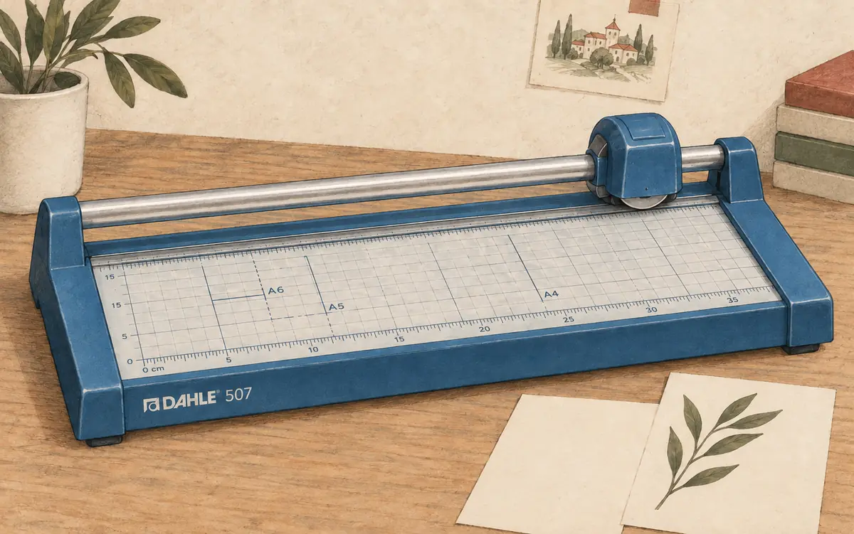 Illustration of a compact blue Dahle 507 rotary paper trimmer and cream paper cards