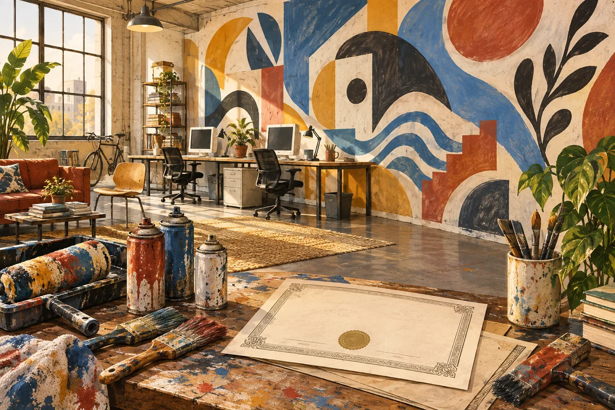 Conceptual illustration of paint tools and a share certificate in an office with a colorful abstract mural