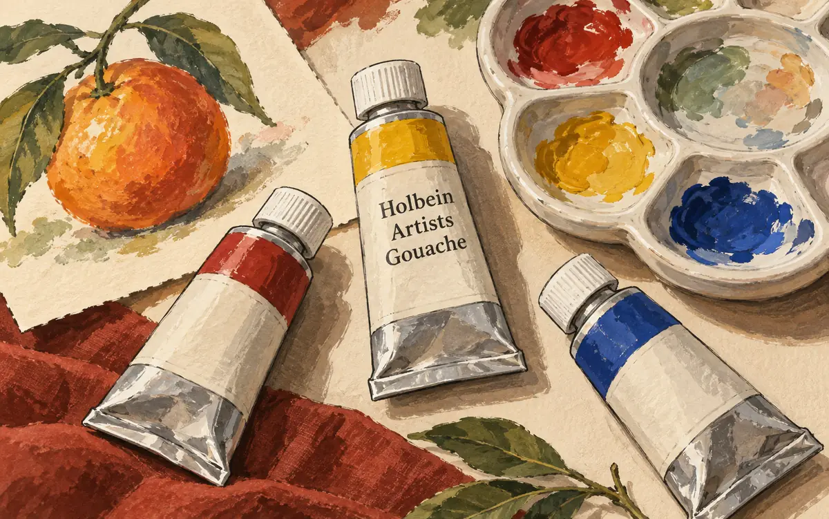 Illustration of Holbein Artists Gouache tubes beside a palette and a painted orange