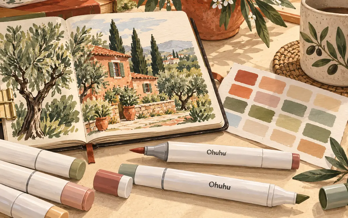 Illustration of Ohuhu brush markers beside a sketchbook and warm-toned color swatches