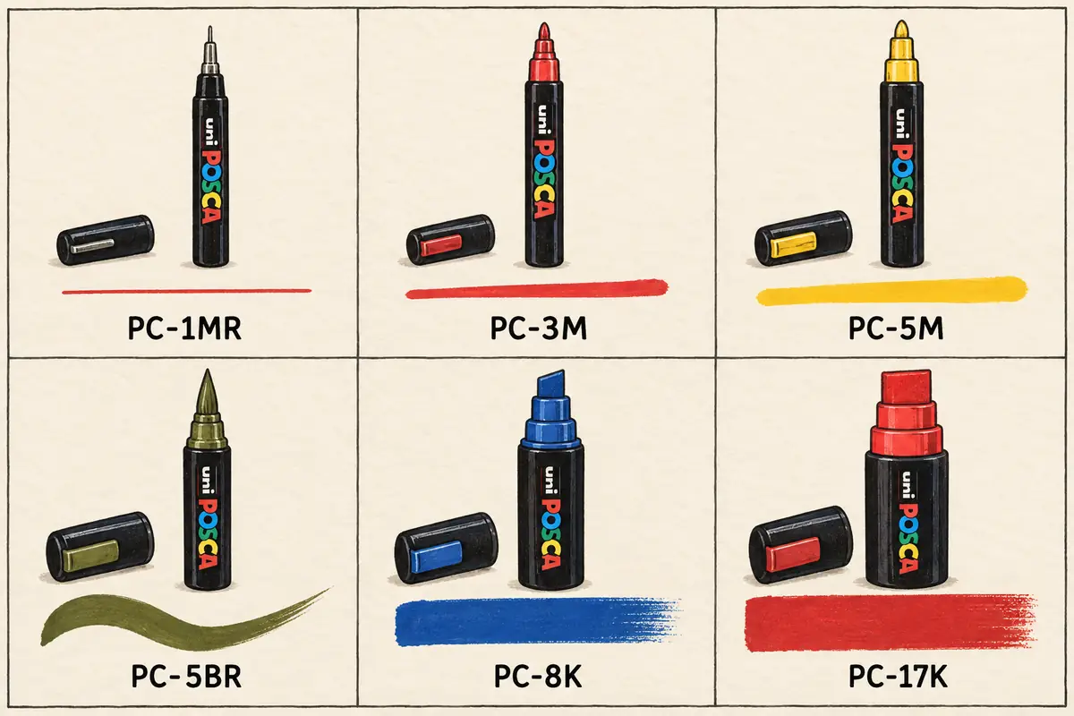 Illustrated comparison of six POSCA marker tips from extra-fine to extra-broad